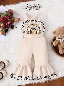Baby Girl Leopard Rainbow Creative Ruffle Halter Bell Bottom Jumpsuit + Matching Bow Headband, Bohemian Style Fashion Set, Baby Clothing