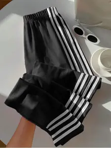 Women's High-Waisted Loose Fit Striped Wide-Leg Pants, Casual Straight Leg Jogger Sweatpants, Vintage Hip Hop Street Style, Streetwear, Womenswear