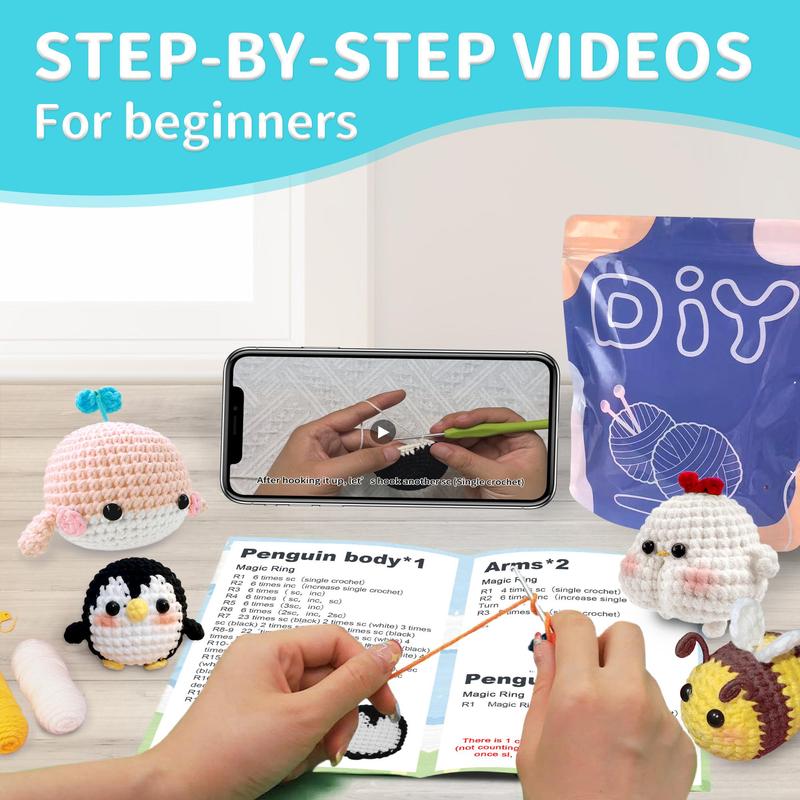 4 PCS Animals Crochet Set with Step-by-Step Video Tutorials, Penguin, Bee, Chicken, Whale, Crochet Set for Beginners, Crochet Animal Kit For Beginners Include Videos Tutorials,Yarn,Seam Markers,And Instructions,(Random Color）, Crochet Items
