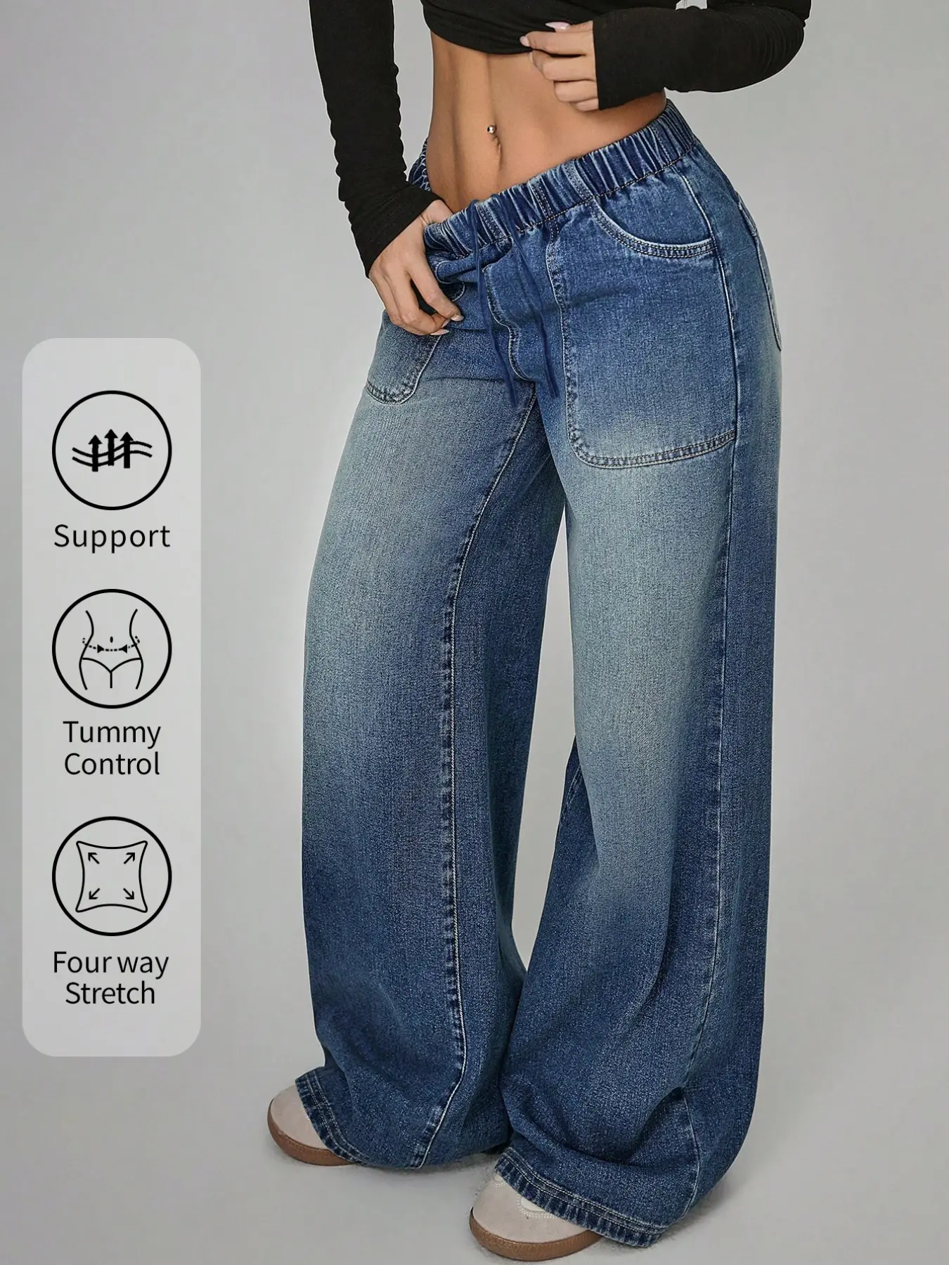 Stretch Wide Leg Loose Jeans Pants, Adjustable Elastic High Waist Floor-Length Denim Jeans, Comfortable Breathable Fabric, Casual Chic Fashion for Daily Wear and Parties, Women, Baggy
