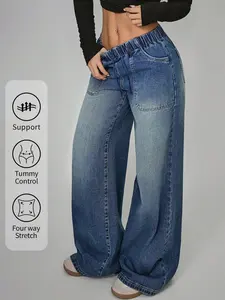 Stretch Wide Leg Jeans, Elastic High Waist Floor-Length Denim Jeans, Comfortable Breathable Fabric, Casual Fashion for Daily Wear and Parties, Women