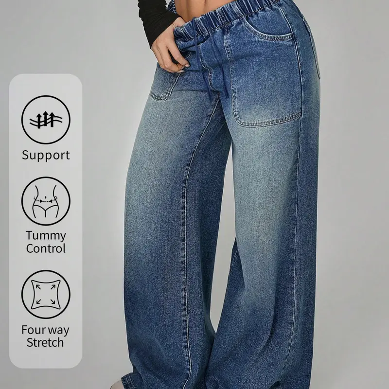 Stretch Wide Leg Loose Jeans Pants, Adjustable Elastic High Waist Floor-Length Denim Jeans, Comfortable Breathable Fabric, Casual Chic Fashion for Daily Wear and Parties, Women, Baggy, Stretchy Denim Jeans