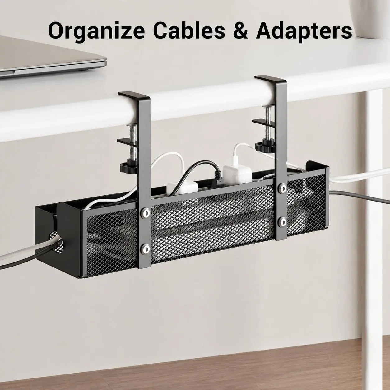 UFORU Under-Desk Cable Manager — no drilling required; clamp-style cable organizer suitable for home and office; heat-dissipation mesh design; carbon steel material; stores power strips and various cables; combines cable organization with desktop storage.