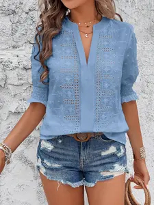 A women's solid color V-neck puff sleeve mid-length cutout pom-pom lace trim fashionable versatile T-shirt top, suitable for summer, daily casual wear, beactions, dates, and gatherings.
