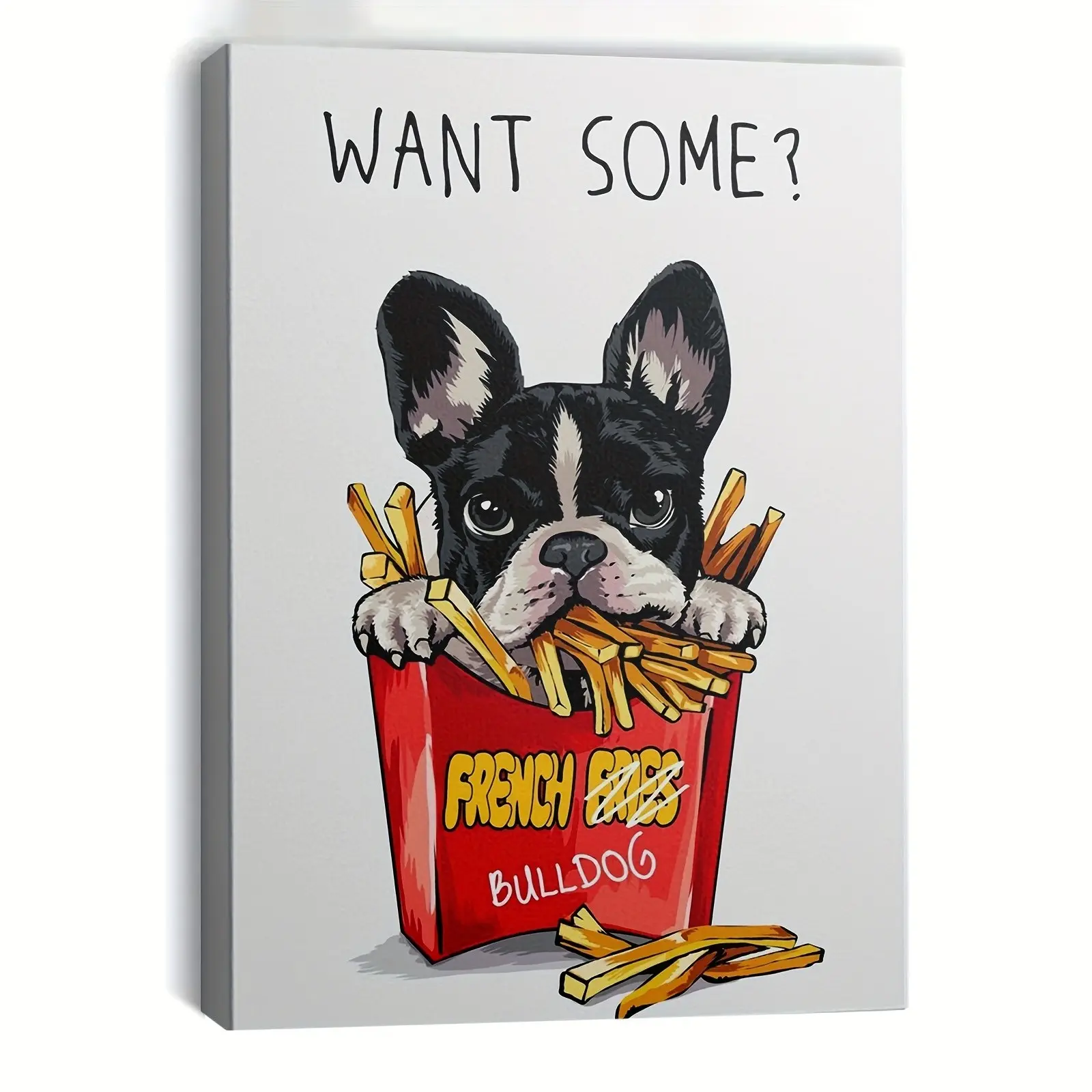 French Bulldog Puppy Eating Chips Canvas Wall Art, Unframed, Perfect for Bedroom Dorm Living Room Decor, Unique Home Decoration