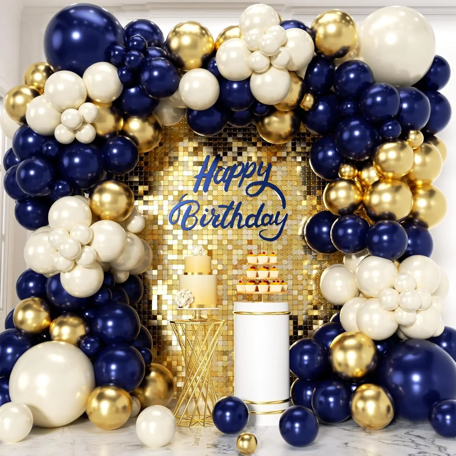 155pcs Navy Blue-Gold Balloon Arch Kit - Double Stuffed Pearl White, Royal Blue, Chrome Gold Rubber Garland Set with Glue, Backdrop for Birthday Party, 2026 Graduation, Wedding Decor