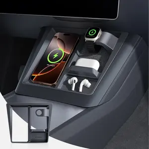 YONZEE for Tesla (2025+) Model Y Juniper and (2024+) Model 3 Highland 3-in-1 Center Console Organizer  – Wireless Charging Bay Insert with Cable Management & Watch Charger Slot – Watch Charger Not Included
