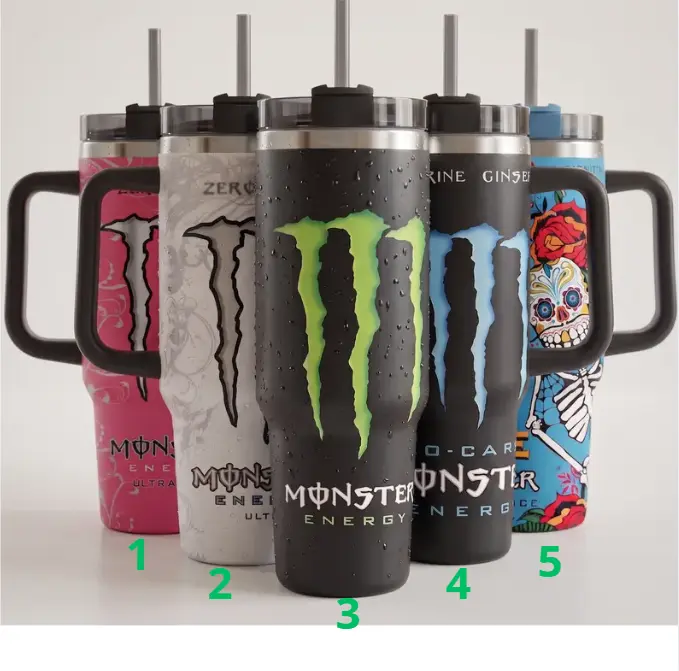 [Energy Drink Flavor Collection] Monster Energy-Inspired 40oz Stainless Steel Vacuum Insulated Flask, Travel Mug with Handle & Straw, Gym Gamer Gift Drinkware, Flasks