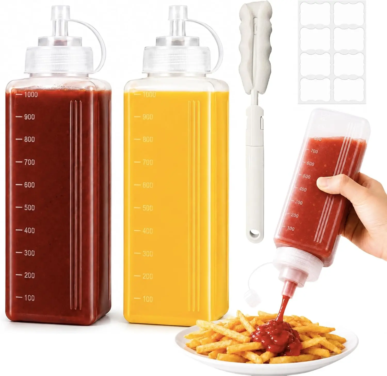 1 Quart Large Squeeze Bottle for Sauces, 34 oz Wide Mouth Condiment Squeeze Bottles, Plastic Squirt Bottles with Labels, Cleaning Brush & Leak-Proof Lids for BBQ, Oil, Mayo, Salsa & Cold Foam