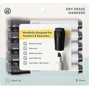 Fine Tip Dry Erase Markers with Eraser, Whiteboard Markers with Chisel tip, Extra Ink, Low Odor, Black, Set of 5