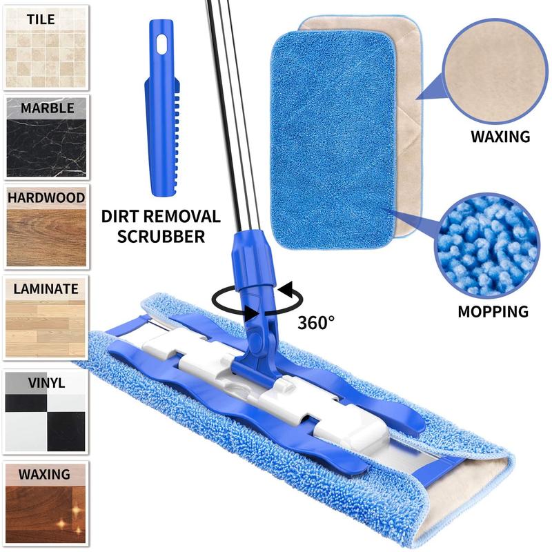 cuban mop,  Professional Microfiber Mop for Hardwood, Laminate, Tile Floor Cleaning, Stainless Steel Telescopic Handle - 3 Reusable Flat Mop Refills and 1 Dirt Removal Scrubber Included No brand