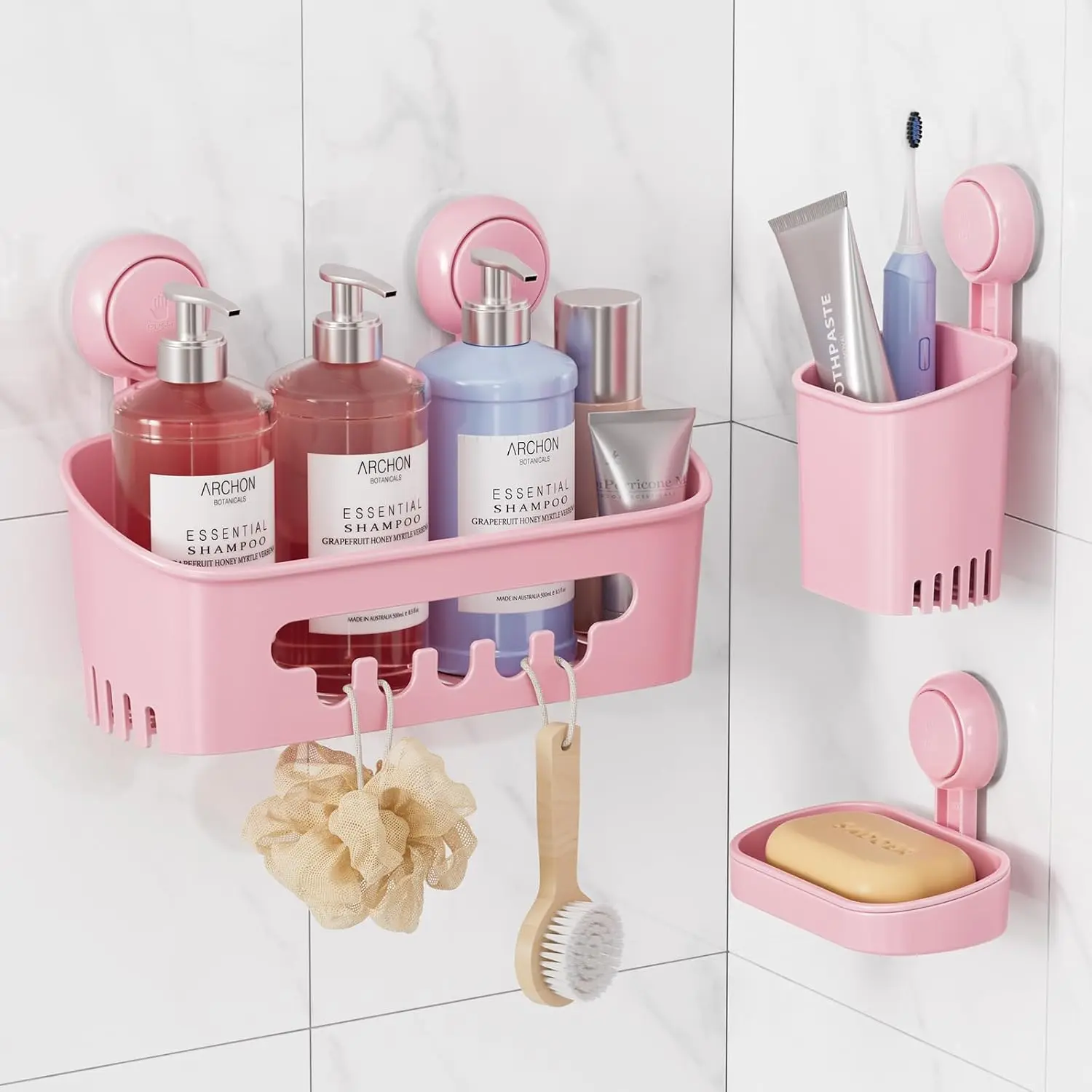 Pink No-Drilling Suction Cup Bathroom Organizer Set - 1 Basket, 1 Holder, Synthetic Counter Top Storage Shelf, Removable, 10Kg / 22 Lbs Capacity