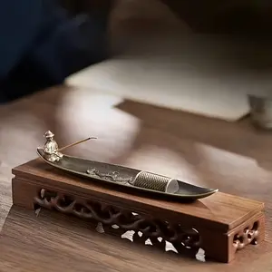 2pcs Traditional Zinc Alloy Boat-Shaped Set with Incense Holder | Plum Blossom Design, Straight Hole, Ideal for Festival Home Decorations for Christmas, Halloween, Easter, Hanukkah, Thanksgiving