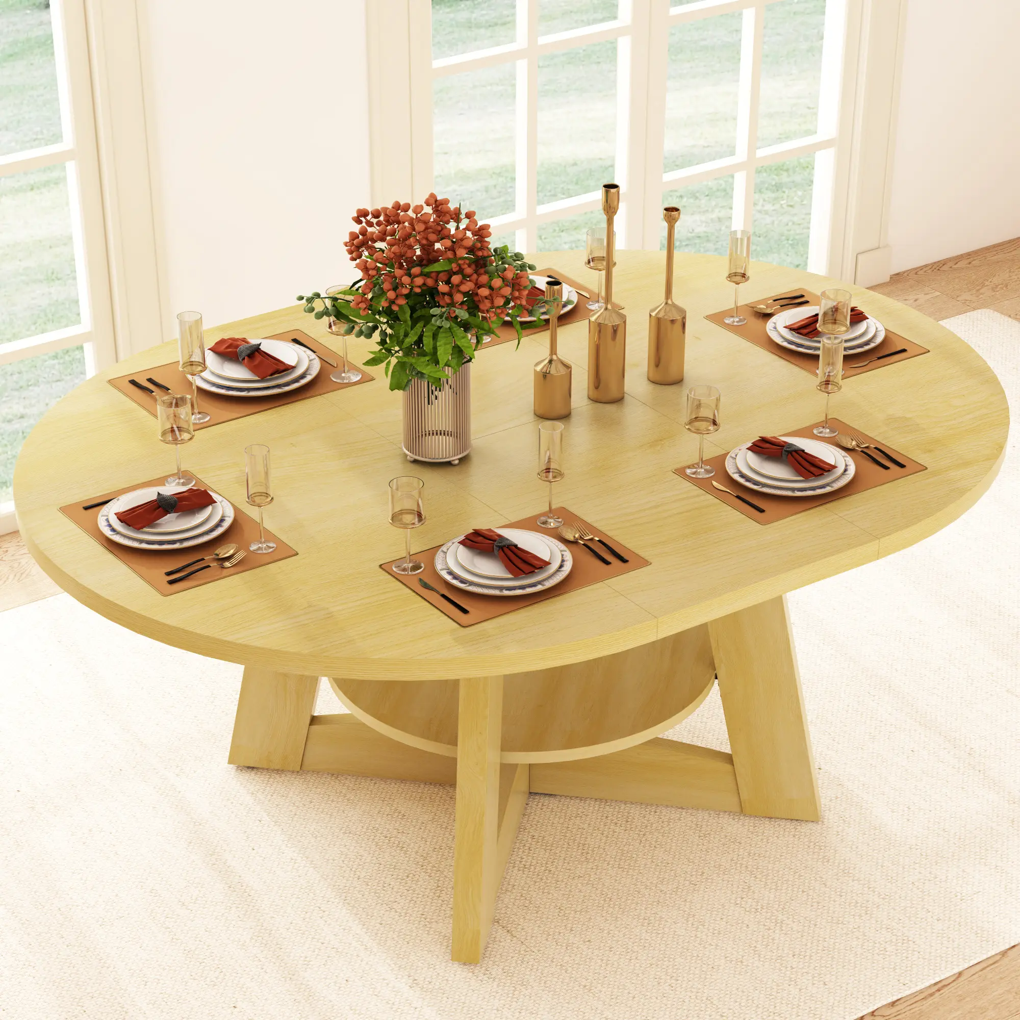 Rustic Farmhouse Expandable Round Dining Table with Wooden Tabletop, V-Shaped Legs, 3 Sizes, Sliding Panels, Adjustable Height, 47-63in Removable Leaf, 4-10 Seats Space-Saving Table for Kitchen, Crafting Space