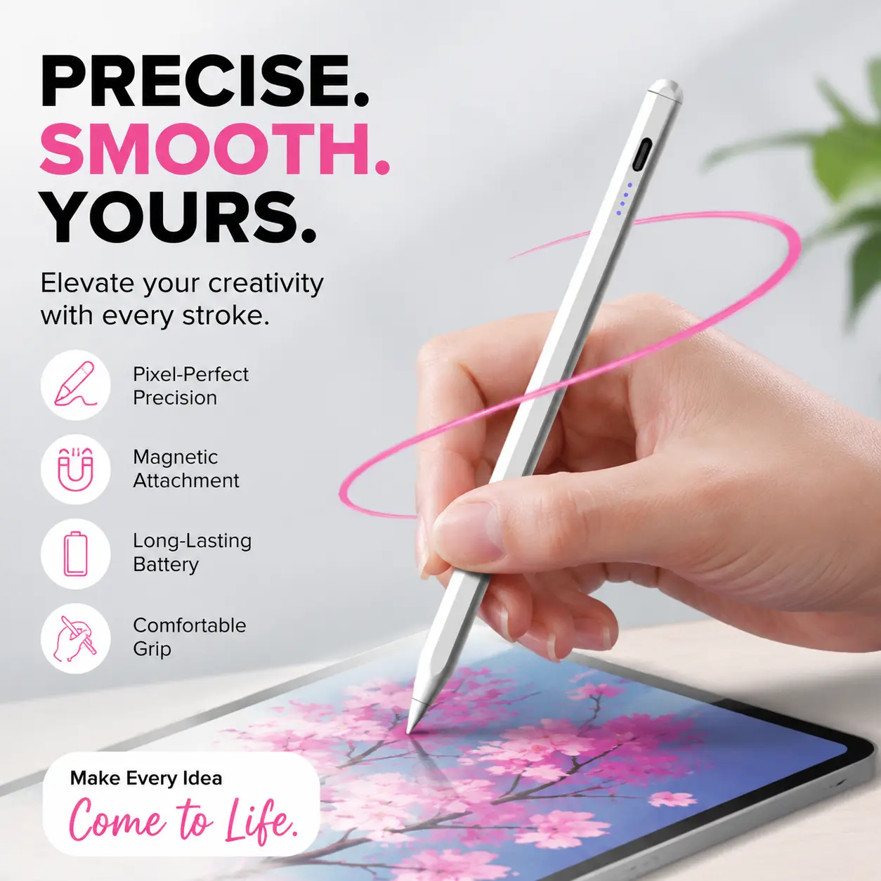 Universal Capacitive Stylus Pen for Tablets, Laptops, Smartphones - 1.7mm Fine Tip, Palm Rejection, Tilt Sensitivity, Magnetic Attachment, Type-C Fast Charging, LED Battery Indicator, Replaceable Nib, Ideal for Drawing, Note-Taking (Includes 2 Pen Tips)