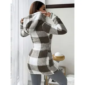Women'S Plaid Hooded Jacket - Longline Zip-Up Coat with Full-Zip Front, Black/White/Gray/Beige/ Brown Plaid Pattern, Warm Outerwear for Fall/Winter, Casual Outerwear for Everyday & Formal Events, Ladies Winter Coats, Seasonal Fashion, Classic Silhouette,