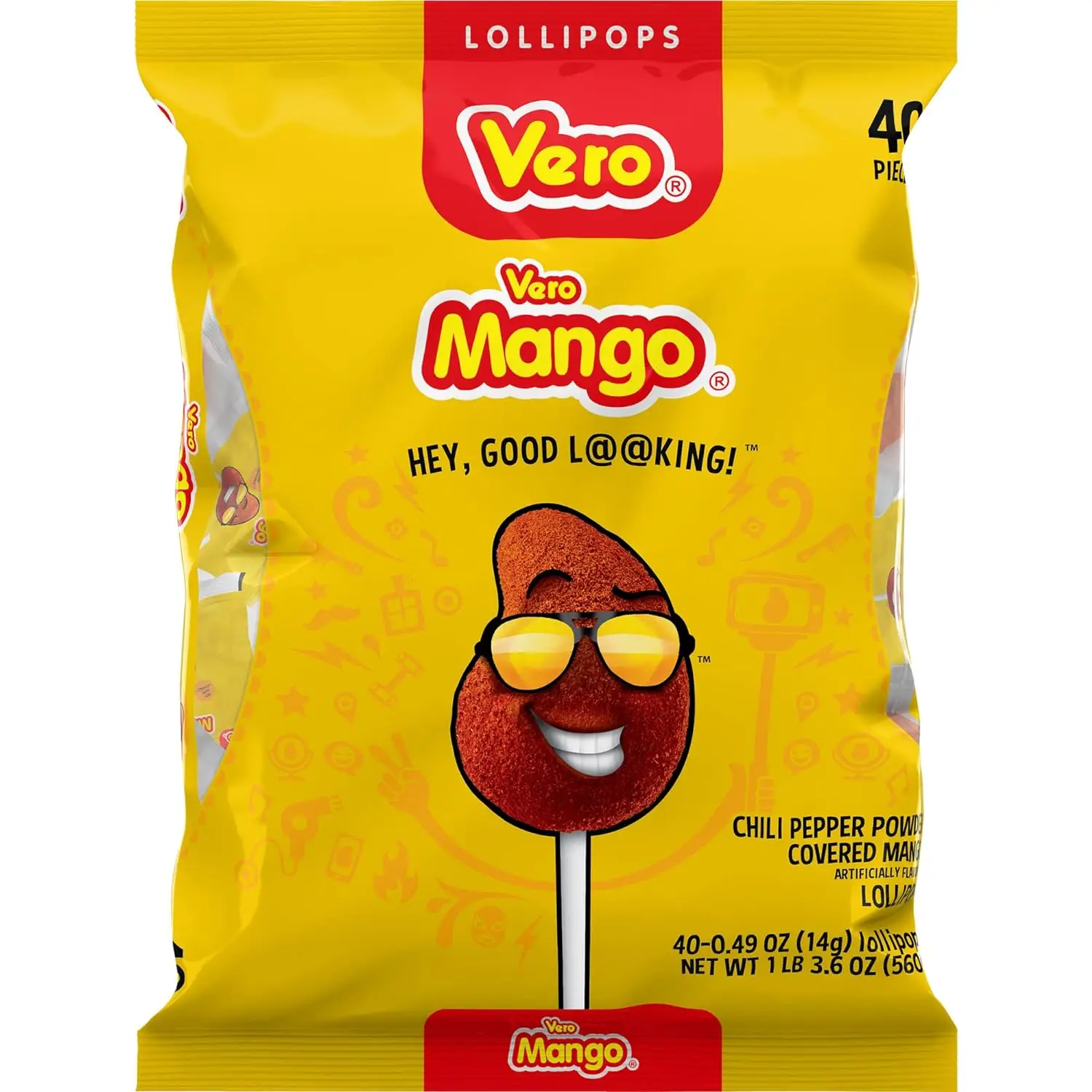 Vero Mango Lollipops Coated with Chili Powder, Hot and Sweet Candy Treat, Artificially Flavored, Net Wt. 1.39 Pound, 40 Count Bag Snack Bonbon