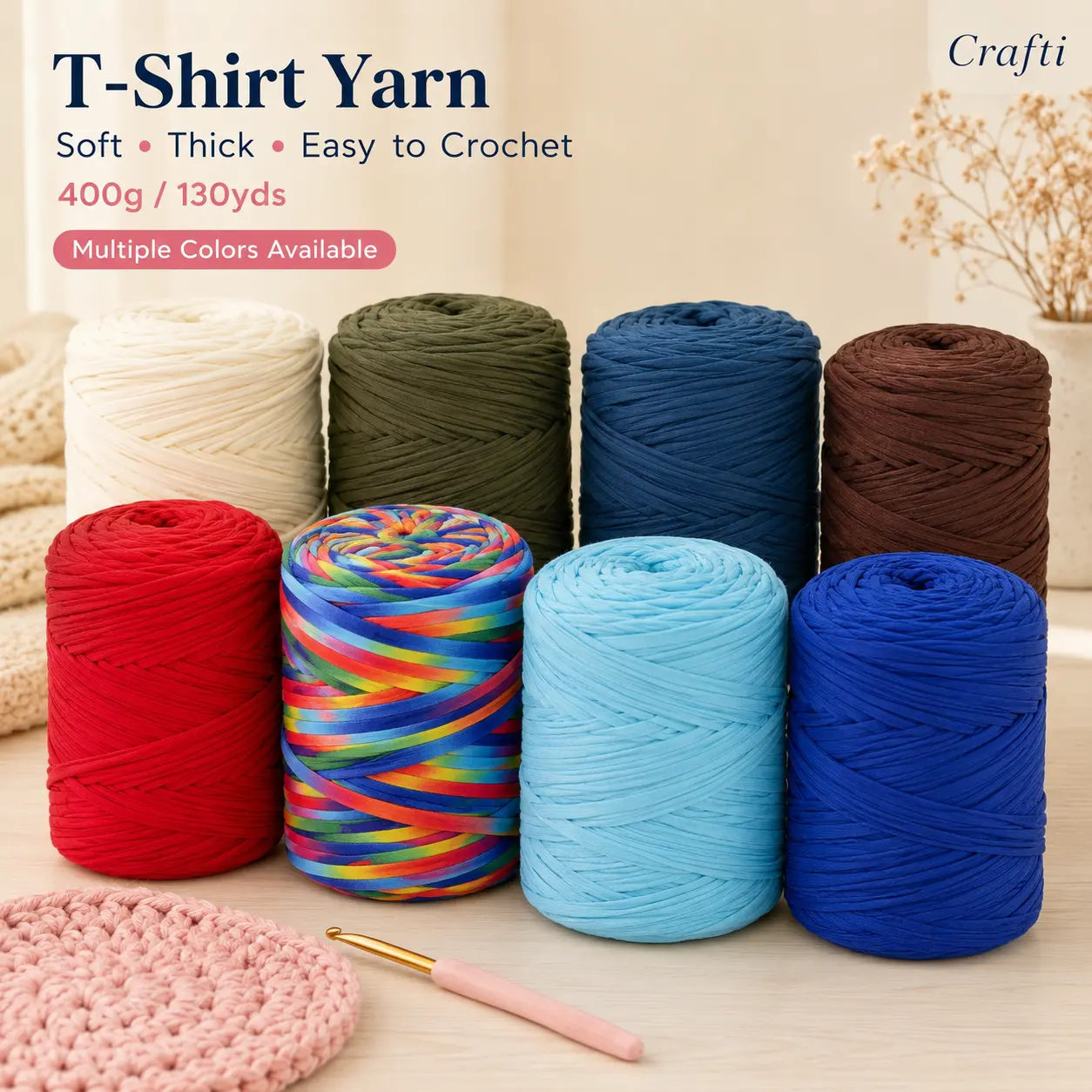 MULTIONS T-Shirt Yarn, 130yd Solid Color Fabric Yarn for Beginners, Knitting & Crochet Supplies for DIY Hand Crafts, Cushions, Baskets, Scarves, Headbands, Jewelry Accessories