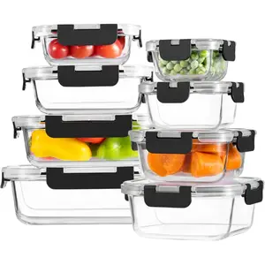 8 Pack Borosilicate Glass Food Storage Containers with Lids, Glass Meal Prep Containers, Airtight Bento Lunch Boxes with Snap Locks, Oven, Freezer and Dishwasher Safe,, Kitchen Storage Set