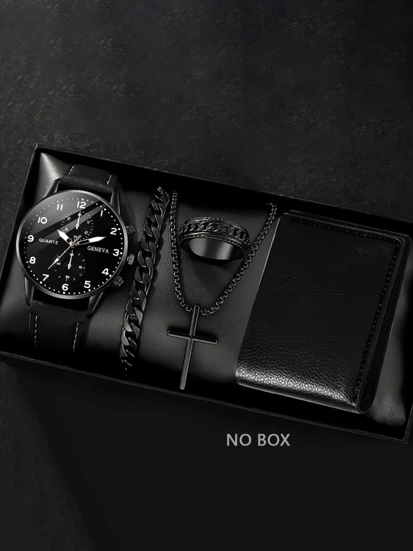 Men's Business Fashion Watch & Fashionable Jewelry Set, Including Round Dial Watch & Chain Bracelet & Pendant Necklace & Ring, Trendy All-match & Exquisite Watch Set for Birthday Gift