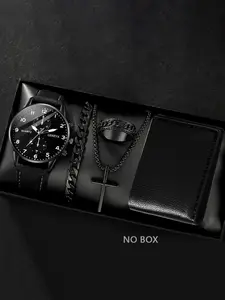 Men's Business Fashion Watch & Jewelry Set, Including Round Dial Watch & Chain Bracelet & Pendant Necklace & Ring, Trendy All-match & Exquisite Watch Set for Birthday Gift