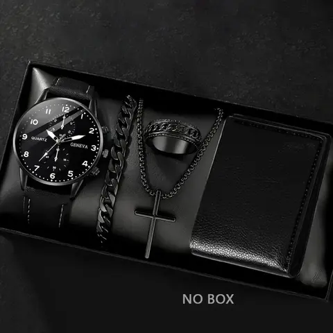 Men's Business Fashion Watch & Jewelry Set, Including Round Dial Watch, Chain Bracelet, Pendant Necklace and Ring, Trendy Versatile Exquisite Set for Birthday Gift, Accessory Set
