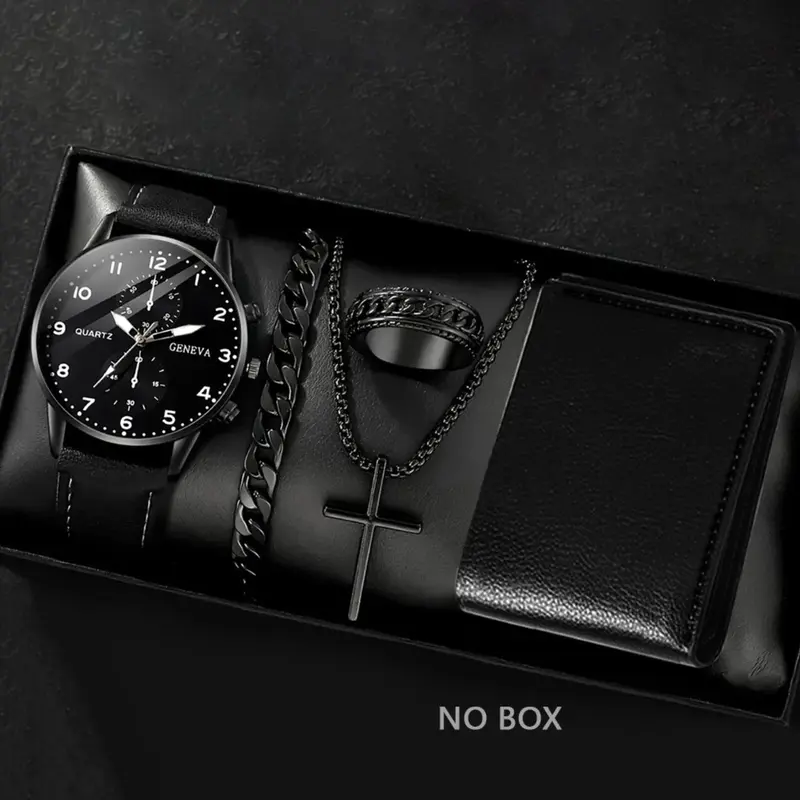 Men's Business Fashion Watch & Jewelry Set, Including Round Dial Watch, Chain Bracelet, Pendant Necklace and Ring, Trendy Versatile Exquisite Set for Birthday Gift, Accessory Set