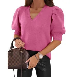 Womens Puff Short Sleeve Sweater Tops 2025 Spring Autumnr Trendy Casual T Shirts Blouses