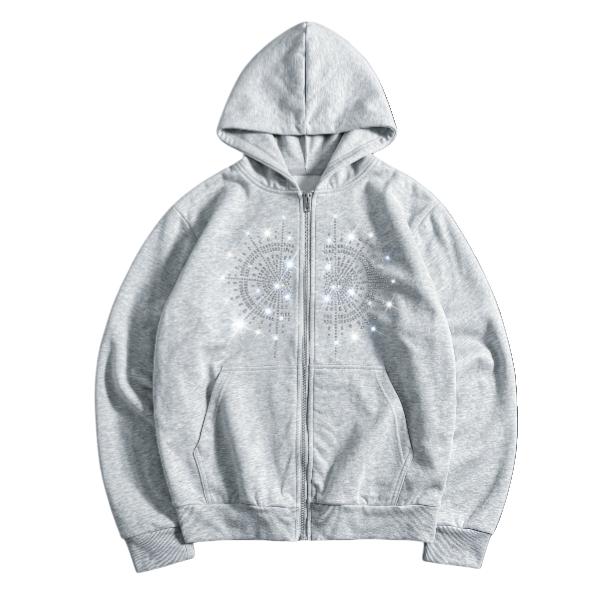 2026 New Arrival Women’s Trendy Zip-Up Hoodie, Single Piece, Loose Fit, Y2K Style Sweatshirt with a subtle shimmer texture from fine glitter flecks that gives it a sparkling glow, street style