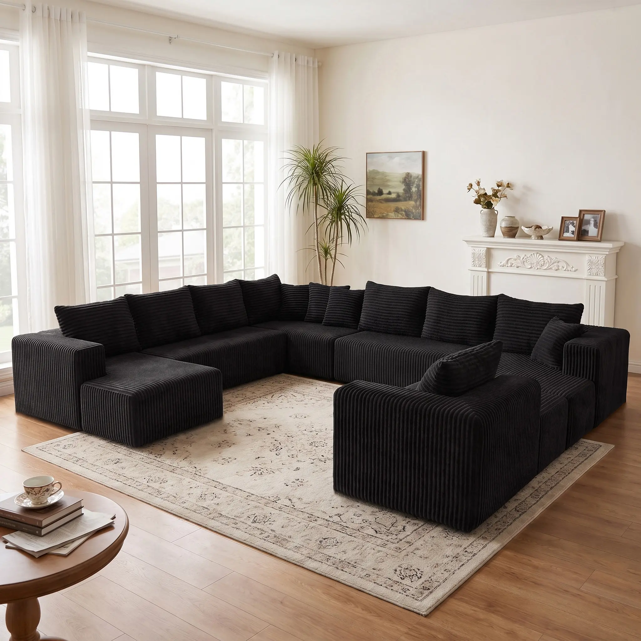 【Multiple Packages】Oversized 151" Modular Sectional 8-10 Seater Boneless Sofa, U-Shaped Sofa for Living Room, No Assembly, Plush Corduroy Fabric
