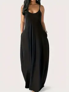 Targeted Women's Solid Color Casual Casual Attire Spaghetti Suspender Dress for Summer