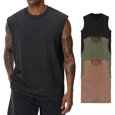 KEEPSHOWING Men's Acid Wash Cotton Round Neck Loose Fit Activewear Clothing - Sleeveless Sports Top, Lightweight Running Singlet Vest for Gym, Fitness Workouts