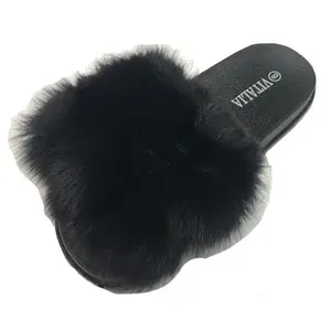 Women Fashion Open Toe Fluffy Colorful Pompom Slides Slippers Shoes Comfy Furry Sandals Black