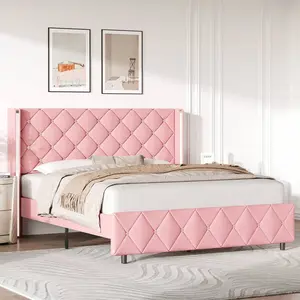 Twin/ Full/ Queen/ King Size Bed Frame, Upholstered Bed Frame With Diamond Headboard And Footboard, No Box Spring Needed With Wood Slat Support, Easy Assembly, Twin Bed Frame/  Full Bed Frame/ King Bed Frame, Black/ Pink/ White/ Purple/ Blue/ Green