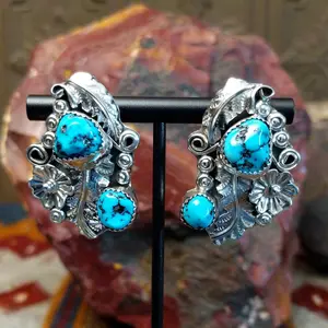 Flower & Feather Turquoise Post Earrings by Harry B. Yazzie GJ-ERN-2006