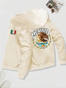 Mexican Eagle Graphic Hoodie with Zipper, Lightweight Casual Fitted Long Sleeve Sweatshirt for Daily Wear and Home Leisure, Fall & Winter Style
