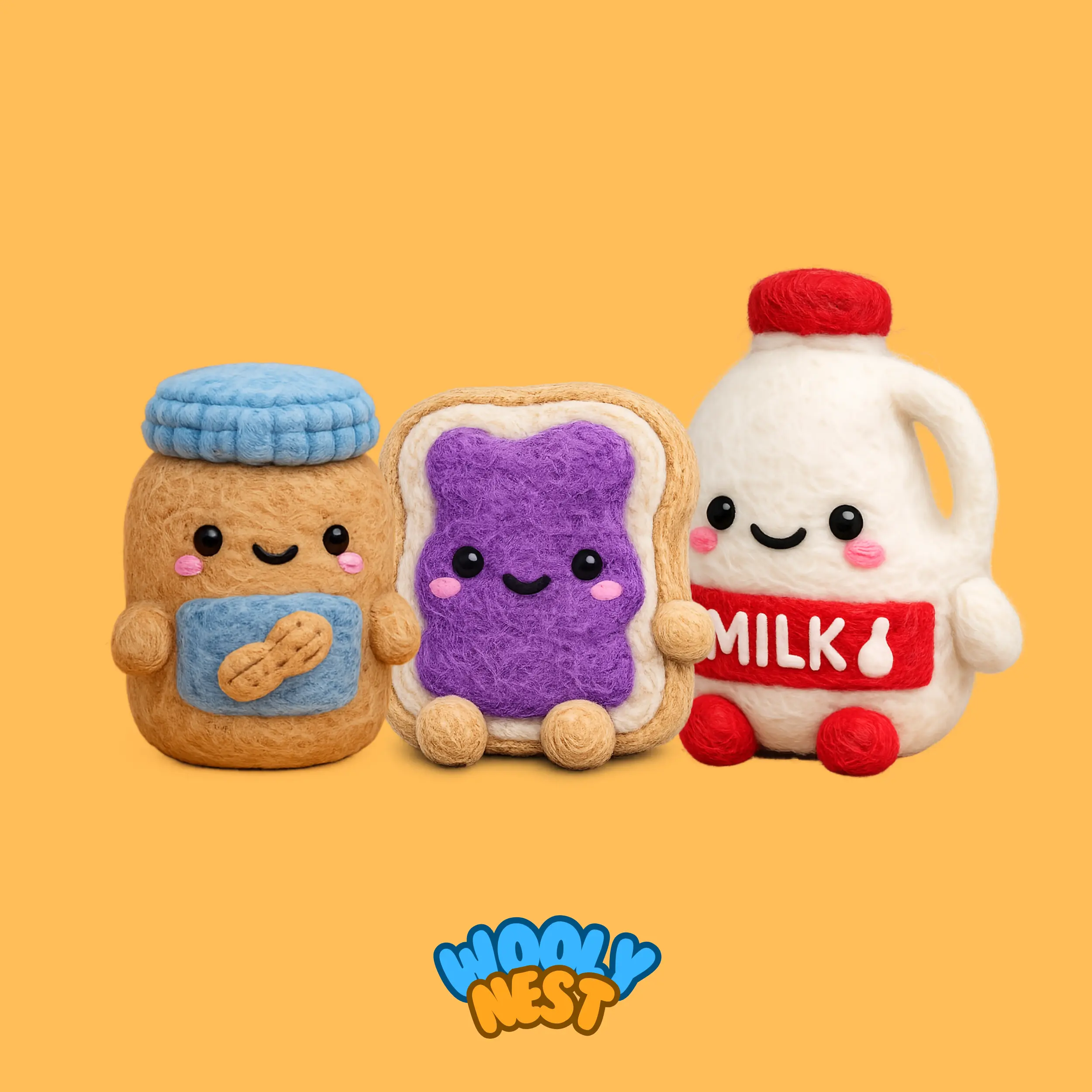 DIY Wool Felting Kit: Smiling Snackies (Peanut Butter, Jelly, and Milk)
