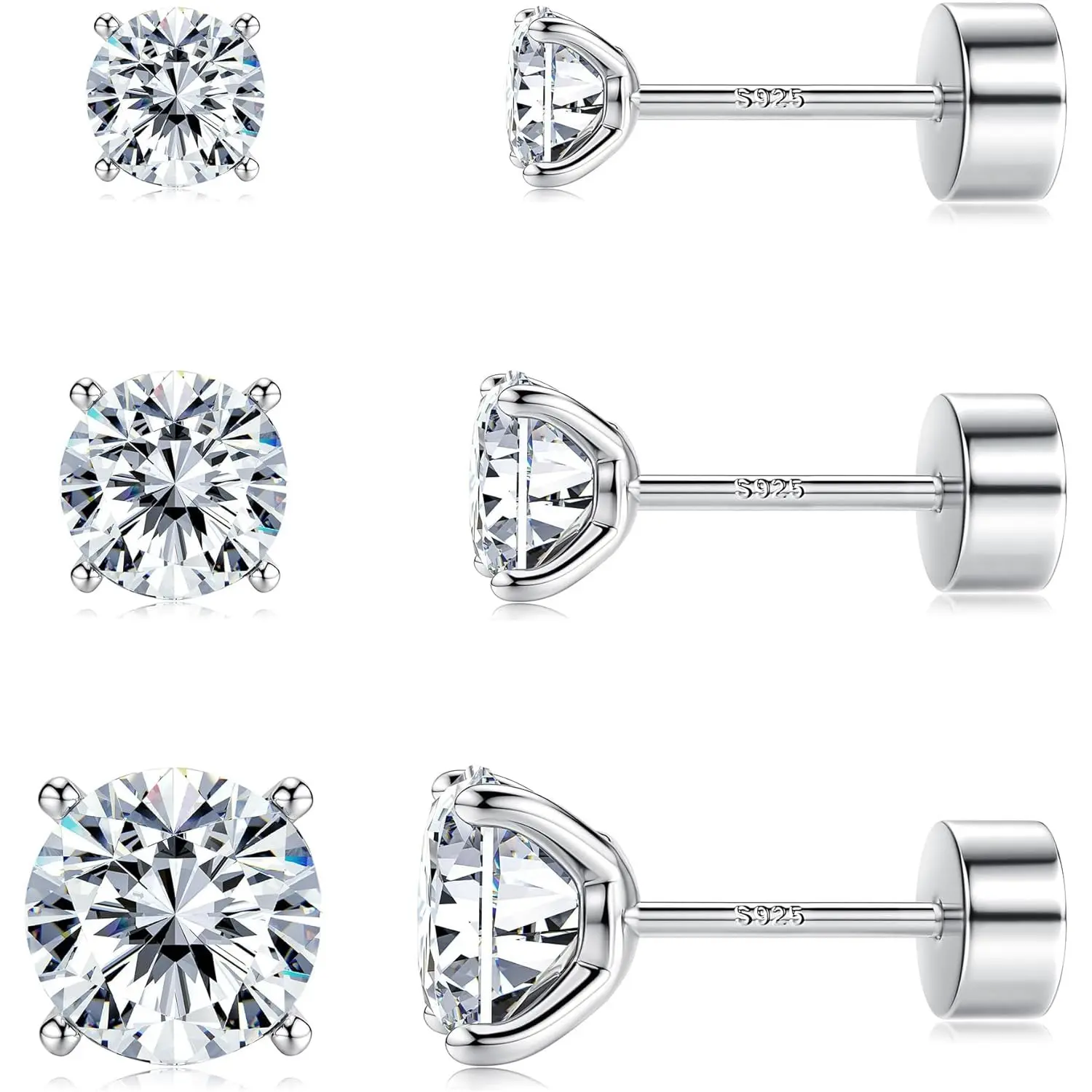 3-Pair 925 Sterling Silver Stud Earrings Set, Hypoallergenic 20G Multi-Size Flat Back Sparkling Ear Jewelry for Cartilage, Helix, Tragus Piercing, Flat Pierced Earring, Earring Stack, Jewelry Stack, Christmas Gifts, Gold Stud Earrings