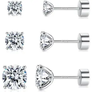 3 Pairs 20G 925 Sterling Silver CZ Flatback Stud Earrings - Tiny Tragus Cartilage Piercing Jewelry for Women Men