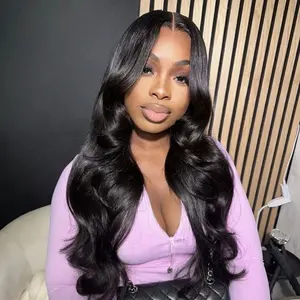 Tuneful Body Wave Lace Front Wigs Human Hair 180 Density 13x6 HD Transparent Lace Frontal Wigs 34 Inch Pre Plucked Brazilian Virgin Human Wig with Baby Hair Body Wave wigs for Women Natural Black