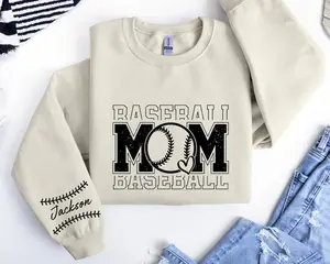 Personalized Baseball Mom Sweatshirt Custom Kid Name on Sleeve Sweatshirt, Baseball Lover Gift, Retro Baseball Sweatshirt, Baseball Mom Hoodie