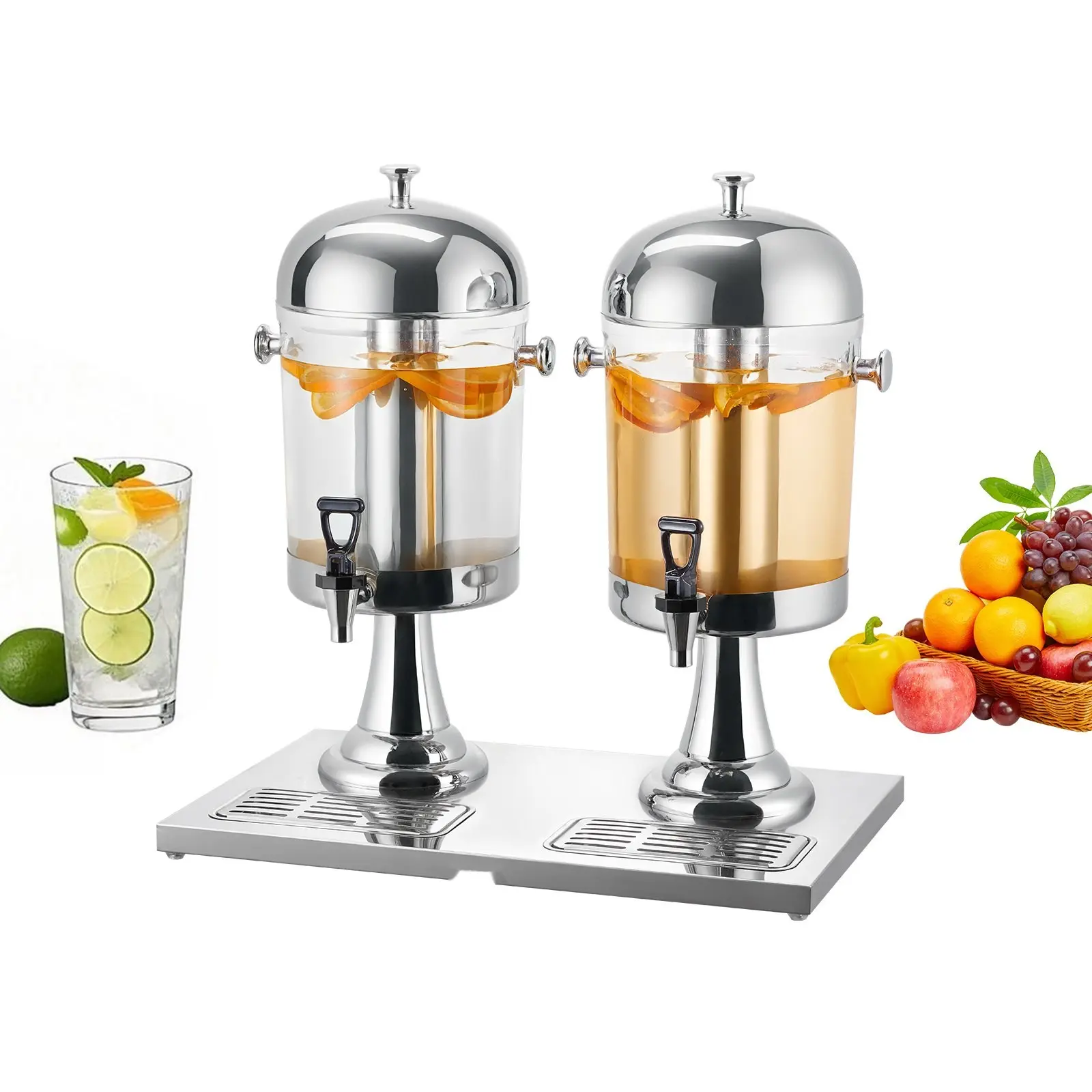 Dual 2.1-Gallon Beverage Dispensers with Stainless Steel Spigots and Matching Tray, Ideal for Parties, Picnics, Outdoor Events, Weddings, and Bar Service Stations; Perfect for Cold Drinks, Lemonade, Iced Tea, Punch, and Hydration