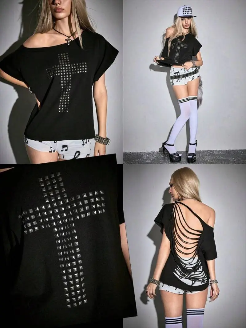 SIERRA Grunge Punk Spring/Summer Y2K Punk Kpop Cross Rivet Design Laser Cut Loose Fit Solid Color Casual T-Shirt