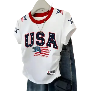VYNCE Women's American Street Short-Sleeved T-Shirt USA Star Print Red White And Blue Summer Casual City Break Independence Day Holiday