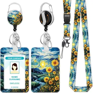 HY-KC148 Sunflower Lanyards for Id Badges, Badge Holder with Retractable Reel Clip, Work Name Tags Keychain Lanyard with ID Holder, ID Card Protector Cover Case for Women Teacher Nurse Doctor Office