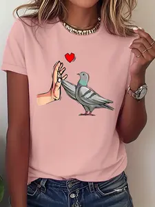 One-piece Summer New Short-sleeve T-shirt - Vibrant and Beautiful Dove Clapping Print Short-sleeve T-shirt - Elegant Women's Clothing, Elegant Lightweight Short-sleeve T-shirt, Y2K Style, Suitable for Sports, Fitness, Daily Wear, Holiday Attire