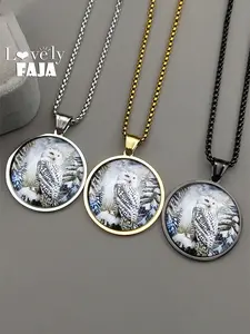 Mysterious Snowy Owl Round Glass Medal Pendant Necklace For Women Men Stainless Steel Gold Color Photo Animal Chain