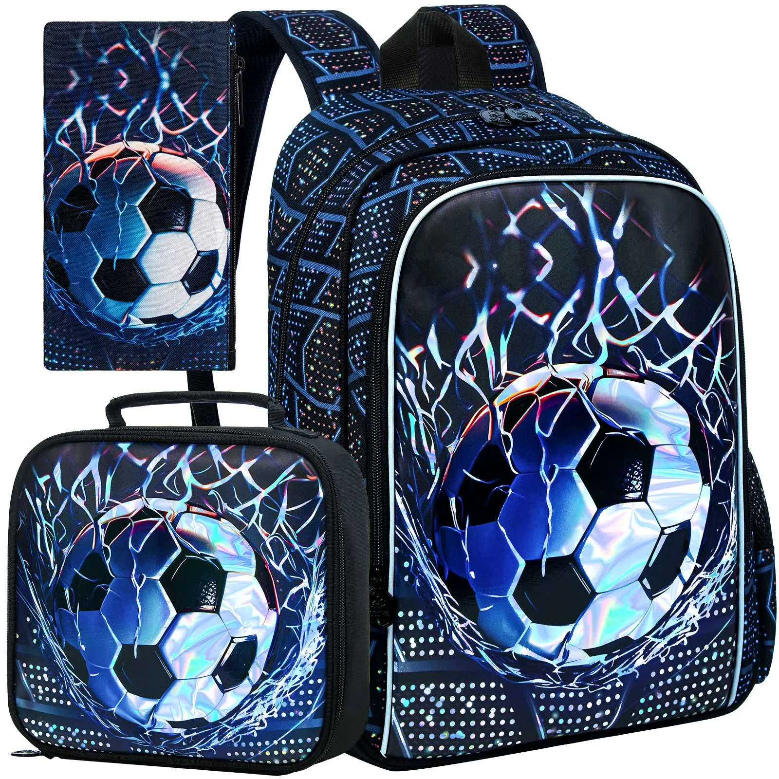 3PCS Kids Backpack for Boys, Water Resistant Soccer Bookbag Set with Lunch Box, Cute School Bag for Preschool Toddler
