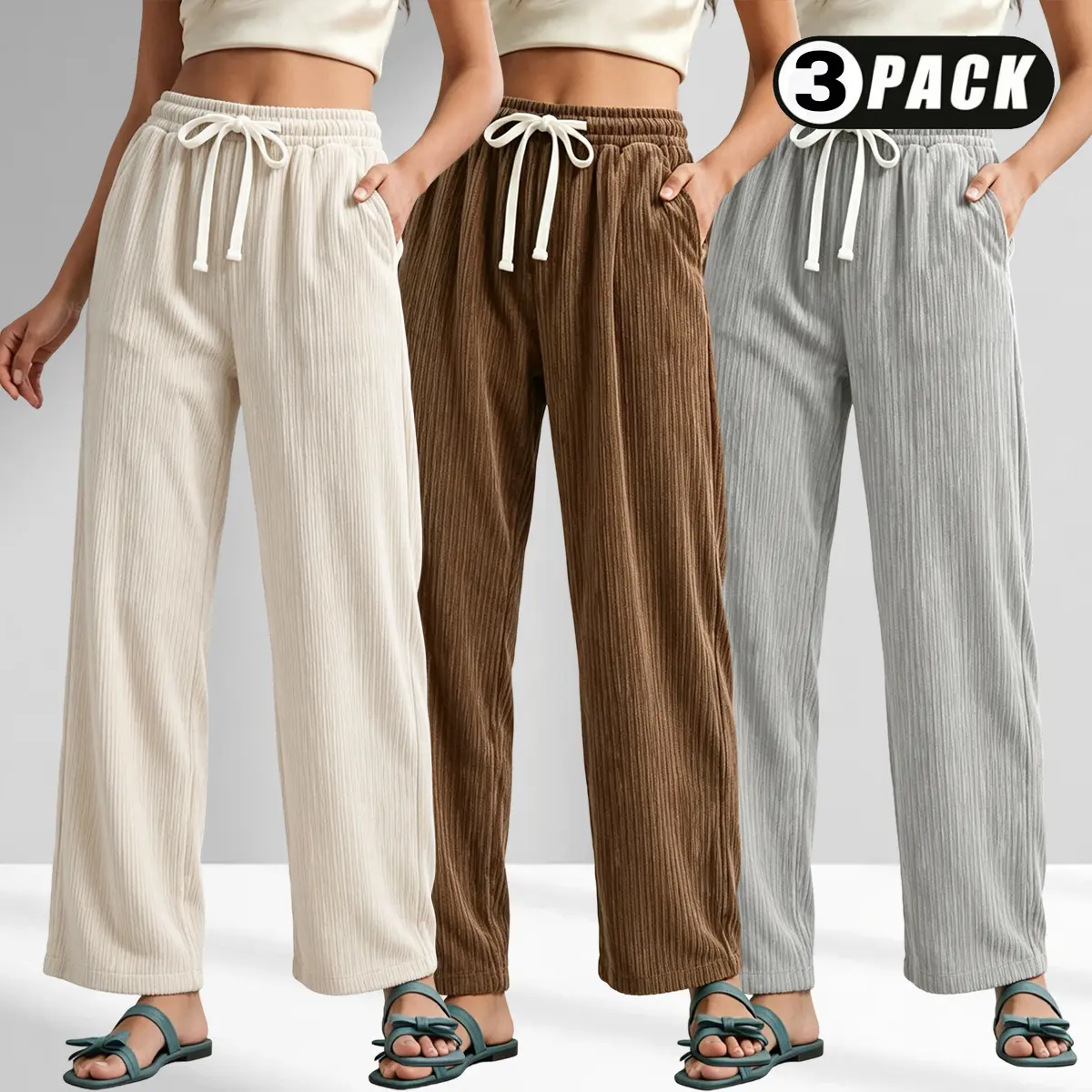 3-pack women’s soft ribbed wide-leg casual pants with an adjustable drawstring waist and side pockets—comfortable lounge pants suitable for indoor home use, working from home, resting, and everyday outdoor leisure activities.