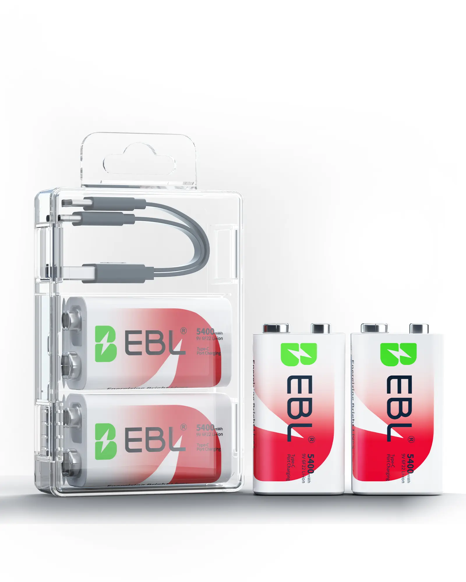 EBL USB-C Rechargeable 9V Batteries | 5400mWh High-Capacity Lithium 9 Volt Battery for Smoke Detectors & Microphones
